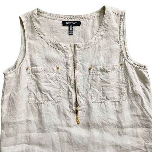 Ellen Tracy Linen Tan & Cream Pin Stripe Sleeveless Top w/ Gold Hardware Medium - Picture 5 of 12